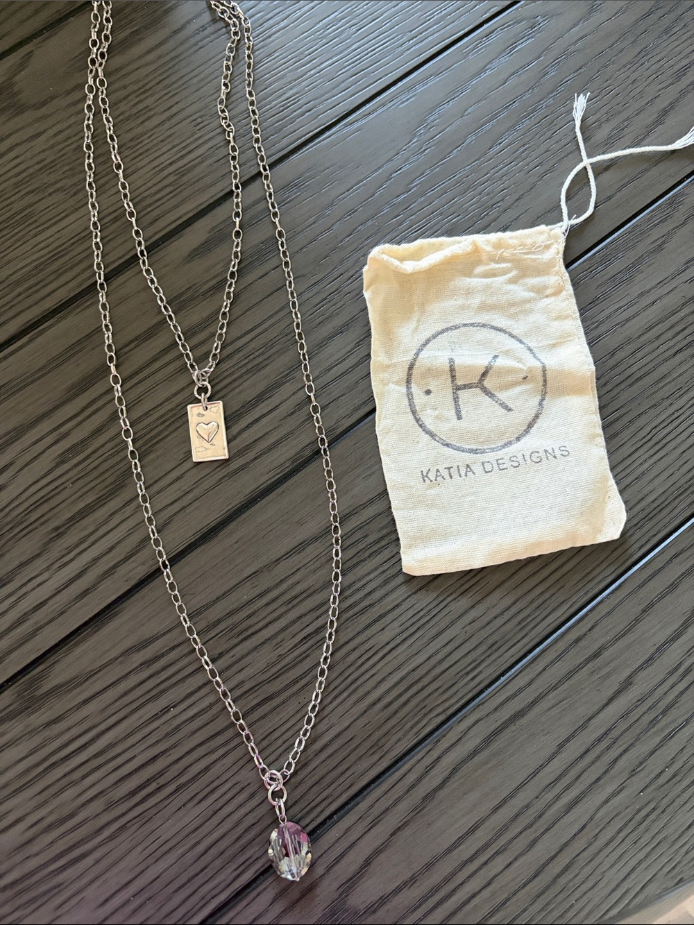 Katia Designs Silver Double-Layer Necklace with Silver Crystal Pendant - Picture 6 of 7